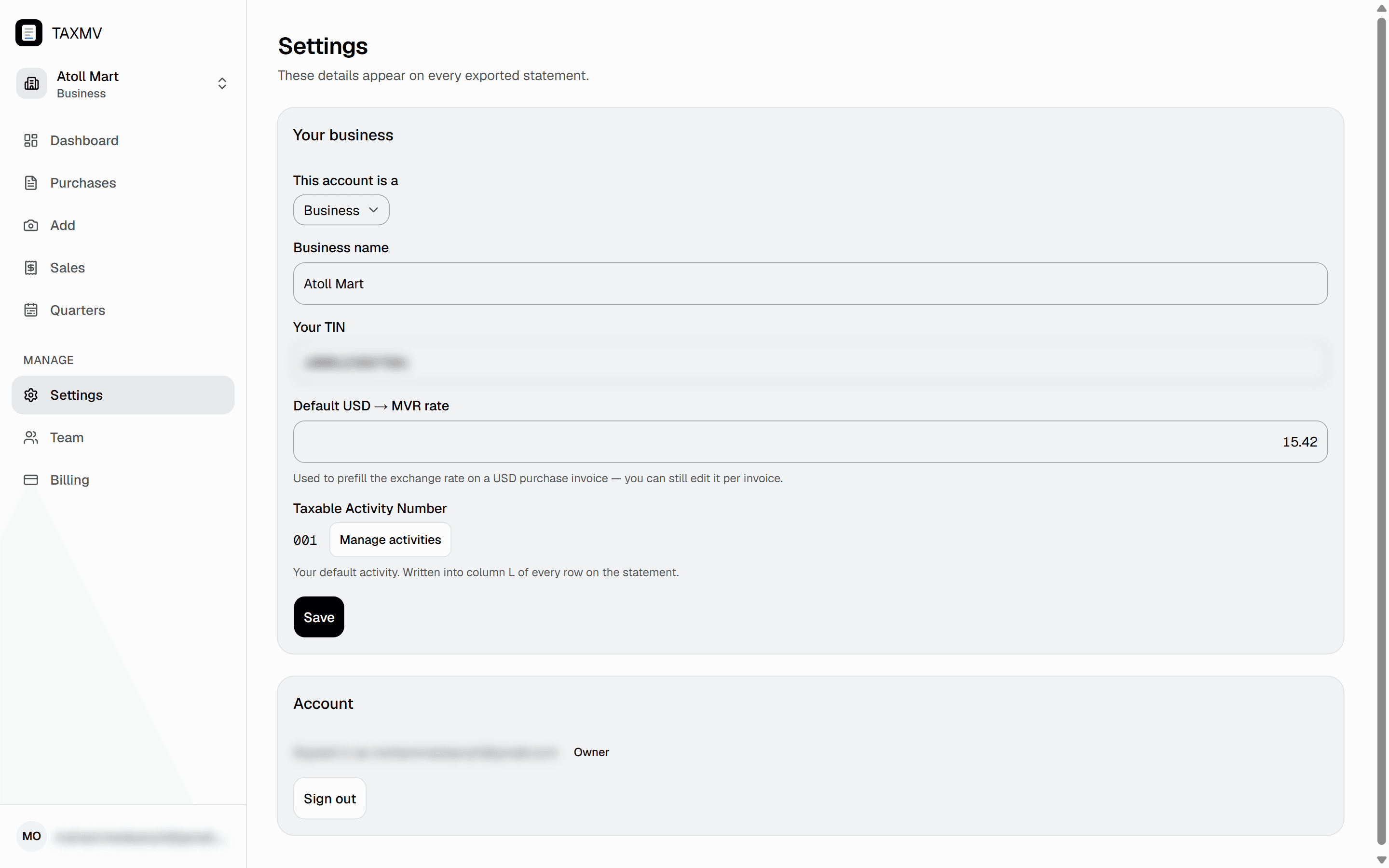 The settings page, with fields for the business name, TIN and Taxable Activity Number, and a list of taxable activities below them.
